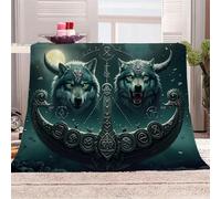 3D Printed Twin Wolves And Runes Flannel Fleece Blanket (270GSM) Mysterious Ancient Style Super Cozy 220x240 cm Queen Size Fade Resistant Home Decor Gift - Machine Washable