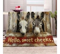 3D Printed Two Donkeys Poking Their Heads Out From Behind The Fence Flannel Fleece Blanket （270GSM） Country Humor Style Super Cozy 270x230 cm King Size Fade Resistant Home Decor Gift