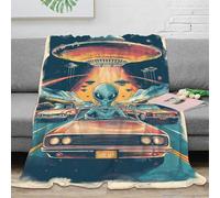 3D Printed UFO alien scene Living Room Throw Microfiber Soft Warm Bedding Cosy vintage retro All Season Blanket Machine Washable No Shedding for Travellers Campers Families 40x50inch(100x130cm)