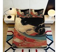 3D Printed Ukiyo-e Black Cat Fitted Sheet Microfiber Non-Slip Deep Pocket Bedroom Bedding Ukiyo-e Black Cat Mattress Fitted Cover 140x200x25cm