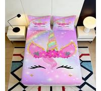 3D Printed Unicorn Rainbow Fitted Sheet Microfiber Soft Pink Magical Bed Cover for Bedroom Dorm Mattress Protection Decor 90x200x25cm