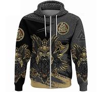 3D Printed Viking Odin Tattoo Hoodie, Norse Mythology Men's Valknut Sweatshirt Pullover Autumn Harajuku Street Jacket,Zip Hoodie,4XL