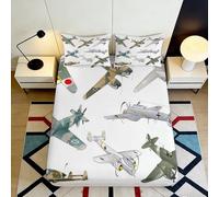 3D Printed Vintage Aircraft Fitted Sheet Microfiber Deep Pocket Bedding Set Fighter Plane Mattress Fitted Cover Non-Slip All-Round Elastic for Adults Teens Bedroom 180x200x25cm