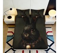 3D Printed Vintage Black Rabbit Fitted Sheet Microfiber Deep Pocket Non-Slip Bedroom Bedding Vintage Black Rabbit Mattress Fitted Cover Washable 160x200x25cm