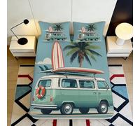 3D Printed Vintage Camper Van Fitted Sheet Microfiber Beach Palm Mattress Cover Anti-Slip Machine Washable Decor 140x200x25cm