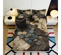 3D Printed Vintage Coins Fitted Sheet, Microfiber, Bed Cover, Non-slip