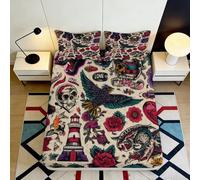 3D Printed Vintage Tattoo Fitted Sheet Microfiber Deep Pocket Retro Tattoo Mattress Fitted Cover Non-Slip Full Wrap for Bedroom 200x200x25cm
