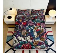 3D Printed Vintage Tattoo Floral Fitted Sheet Microfiber Deep Pocket Non-Slip Bedding for Adults Retro Tattoo Floral Mattress Fitted Cover 140x200x25cm