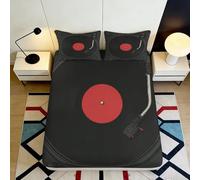 3D Printed Vinyl Record Fitted Sheet Retro Microfiber Deep Pocket Non-Slip Bedroom Bedding Turntable Mattress Fitted Cover for Adults 200x200x25cm