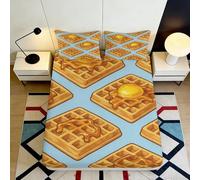 3D Printed Waffle Breakfast Pattern Fitted Sheet Microfiber Deep Pocket Non-Slip Mattress Fitted Cover Bedroom Bedding for All Ages 140x200x25cm