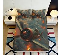 3D Printed Warplane Battle Fitted Sheet Microfiber Soft Anti-Slip Flames Air Combat Bed Cover for Bedroom Dorm Mattress Protection Decor 200x200x25cm
