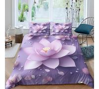 3D Printed Water Lily Double Bedding Set Microfibre Purple Flowers 3 Piece Duvet Cover Set Quilt Cover 200x200 cm with Zipper Closure and 2 Pillowcases for Double Bed F.2938