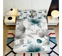 3D Printed Watercolor Floral Fitted Sheet Microfiber Soft Breathable Blue Grey Blossom Bed Cover for Bedroom Guest Room Decor 90x200x25cm