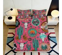 3D Printed Western Cactus Fitted Sheet Microfiber Pink Cow Skull Bed Cover for Bedroom Guest Room Decor 90x200x25cm