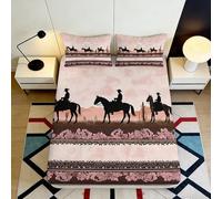 3D Printed Western Cowboy Fitted Sheet, Soft Touch Microfiber Bed Sheet, Anti-slip, Easy Care, Apartment Bedding, Brown Horse Rodeo Design for Home Bedroom Guest Room Decor, 100-120cm 90x200x25cm