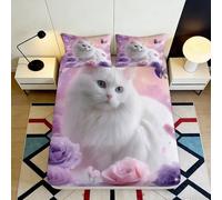 3D Printed White Cat Fitted Sheet Microfiber Soft Pink Floral Bed Cover for Bedroom Guest Room Mattress Protection 90x200x25cm