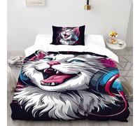 3D Printed White Cat Quilt Cover Cute Pet Animal Bedding Set 2Pcs Luxury Microfiber with Pillowcases,Hidden Zipper for Junior Collection Single(135x200cm) Room Decor