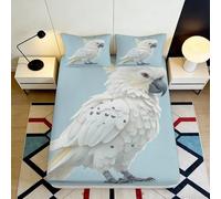 3D Printed White Cockatoo Fitted Sheet Microfiber Soft Blue Parrot Mattress Cover for Bedroom Guest Room Decoration 160x200x25cm