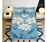 3D Printed White Daisy Floral Fitted Sheet Microfiber Soft Blue Bed Cover for Bedroom Dorm Mattress Protection Decor 90x200x25cm