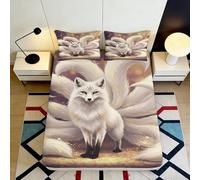 3D Printed White Nine-Tailed Fox Fitted Sheet Microfiber Soft Bed Cover Fantasy Animal Pattern for Bedroom Decor 90x200x25cm