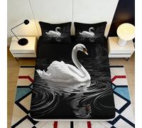 3D Printed White Swan Fitted Sheet Microfiber Soft Black Lake Reflection Mattress Cover for Bedroom Guest Room Decor 90x200x25cm