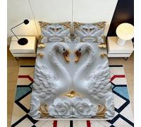3D Printed White Swan Fitted Sheet Microfiber Soft Elegant Gold Rose Bed Cover for Bedroom Guest Room Decor 90x200x25cm