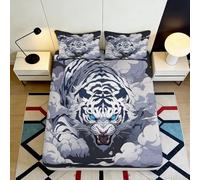 3D Printed White Tiger Fitted Sheet Microfiber Bedding Set, Blue Eyes Animal Bed Cover for Bedroom Dorm Mattress Protection 160x200x25cm