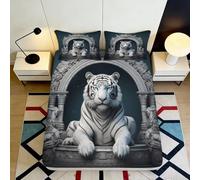 3D Printed White Tiger Fitted Sheet Microfiber Deep Pocket Bedroom Bedding White Tiger Mattress Fitted Cover Non-Slip Washable 200x200x25cm