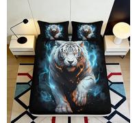 3D Printed White Tiger Fitted Sheet Microfiber Non-Slip Elastic Hem Bedroom Bedding Set White Tiger Mattress Fitted Cover Washable 140x200x25cm