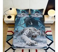 3D Printed White Tiger Fitted Sheet Microfiber Soft Non-Slip Ice Mammoth Bed Cover for Bedroom Dorm Decor 90x200x25cm