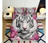 3D Printed White Tiger Floral Fitted Sheet Microfiber Soft Anti-Slip Bed Sheet for Bedroom Guest Room Mattress Decor 180x200x25cm