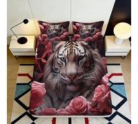 3D Printed White Tiger Floral Fitted Sheet Microfiber Soft Breathable Rose Pattern Bed Cover for Bedroom Dormitory Guest Room Mattress Protection 140x200x25cm