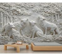 3D Printed White Wolf Mural Embossed Wolf Accent Wallpaper Fantasy Wild Animal Woods Wallpaper Blooming Flower Forest Kids Wall Paper for Bedroom Living Room Mural Poster Decor 500X300cm