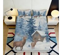 3D Printed Winter Cabin Fitted Sheet Microfiber Soft Elk Forest Mattress Cover for Bedroom Guest Room Decor 90x200x25cm
