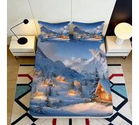 3D Printed Winter Cabin Landscape Fitted Sheet Microfiber Deep Pocket Bedroom Bedding Winter Scene Mattress Fitted Cover Non-Slip Full Wrap for Adults 120x200x25cm