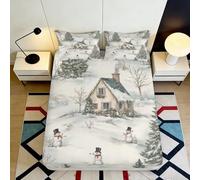 3D Printed Winter Cottage Fitted Sheet Microfiber Soft Snowman Mattress Cover Anti-Slip for Bedroom Guest Room Decor 120x200x25cm