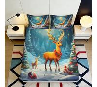 3D Printed Winter Deer Forest Fitted Sheet Microfiber Soft Anti-Slip Christmas Elk Mattress Cover for Bedroom Home Decor 90x200x25cm