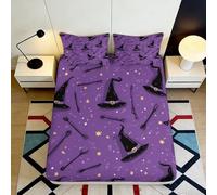 3D Printed Witch Hat Star Pattern Fitted Sheet Microfiber Purple Bed Cover Non Slip Bedroom Decor Easy Care 90x200x25cm
