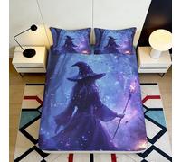 3D Printed Witch in Enchanted Forest Fitted Sheet Microfiber Soft Purple Magic Bed Cover for Bedroom Dorm Mattress Decor 90x200x25cm