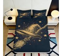 3D Printed Wizard Hat Fitted Sheet Microfiber Deep Pocket for Bedroom Bedding Magic Star Mattress Fitted Cover Non-Slip Washable 200x200x25cm