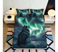 3D Printed Wolf Aurora Fitted Sheet Microfiber Soft Breathable Northern Lights Bed Cover for Bedroom Dorm Mattress Protection Decor 90x200x25cm