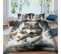 3D Printed Wolf catching fish Comforter Cover Microfiber Wild nature art style Bed Cover Stain Resistant Quick Drying Couples Home Bedding Use Super king（260x220cm）