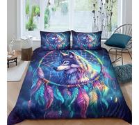 3D Printed Wolf Dreamcatcher Duvet Cover Polyester Fantasy Art Style Quilt Cover Stain Resistant Easy Care for Uni Student Shared Apartment Bedroom Daily Use Single（140x200cm）
