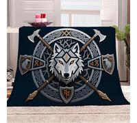 3D Printed Wolf Head And Double Axes Intertwined Flannel Fleece Blanket (270GSM) Mysterious Nordic Style Super Cozy 150x200 cm Double Size Fade Resistant Home Decor Gift - Machine Washable