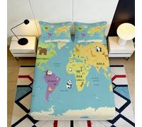 3D Printed World Animal Map Fitted Sheet Microfiber Deep Pocket Non-Slip Bedroom Animal Map Mattress Fitted Cover Washable 140x200x25cm