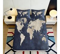 3D Printed World Map Fitted Sheet Microfiber Soft Blue Beige Earth Atlas Mattress Cover Non-slip Washable Decor for Bedroom Guest Room 140x200x25cm