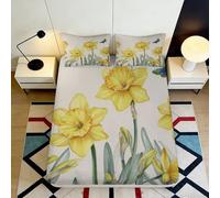 3D Printed Yellow Daffodil Fitted Sheet Microfiber Floral Butterfly Mattress Cover for Bedroom Dorm Easy Care 140x200x25cm