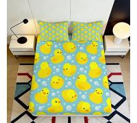 3D Printed Yellow Duck Fitted Sheet Microfiber Non Slip Blue Bubble Mattress Cover for Bedroom Dorm Decor 90x200x25cm