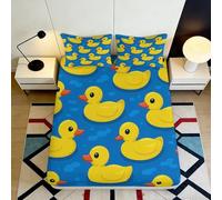 3D Printed Yellow Duck Fitted Sheet Microfiber Soft Blue Cartoon Mattress Cover for Bedroom Dorm Easy Care 90x200x25cm