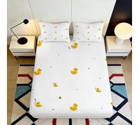 3D Printed Yellow Duck Pattern Fitted Sheet Microfiber White Cartoon Mattress Cover Anti-Slip Easy Care for Bedroom Guest Room 90x200x25cm